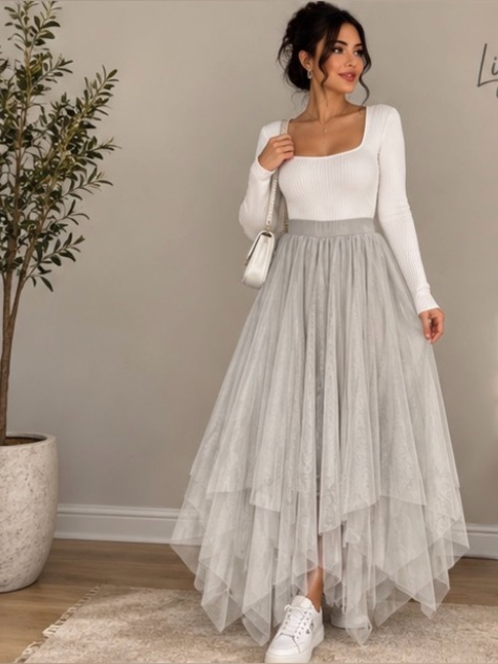 Women's Layered Gray Tulle Maxi Skirt